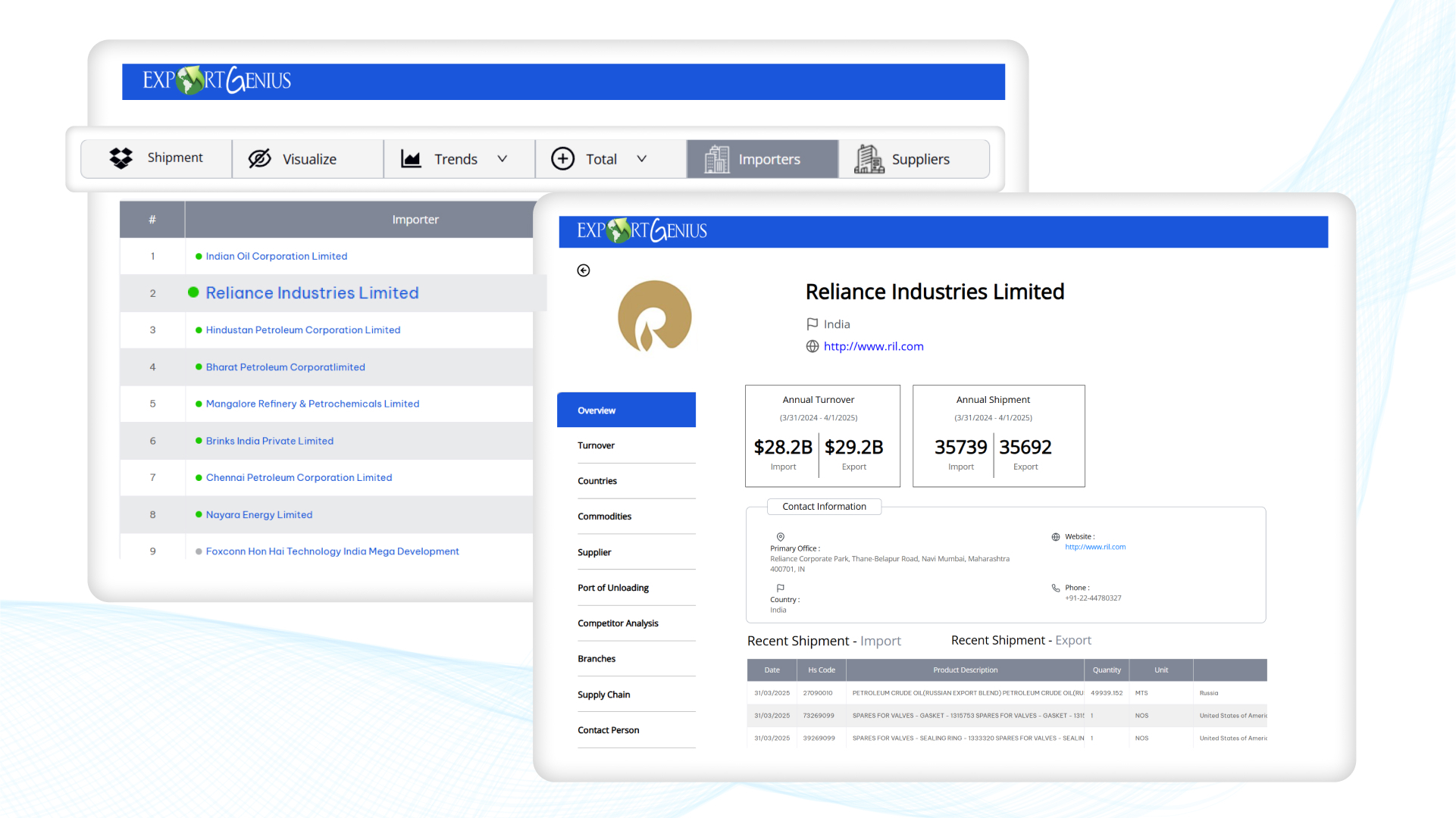 screenshot of Export Genius